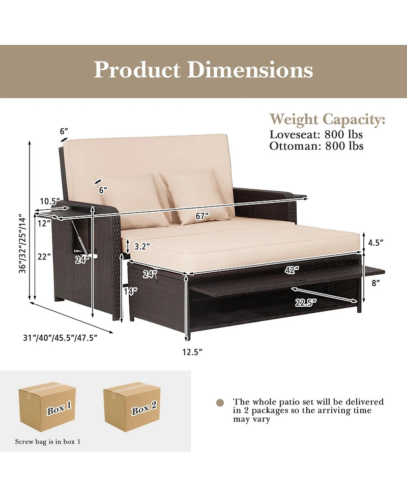 Slickblue Patio Rattan Daybed with 4-Level Adjustable Backrest and Retractable Side Tray-Brown