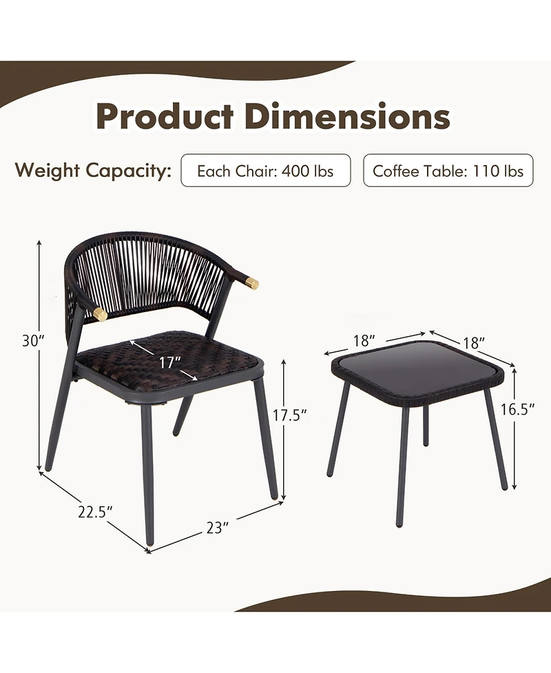 Slickblue 3 Pieces Patio Rattan Furniture Set for Backyard Poolside