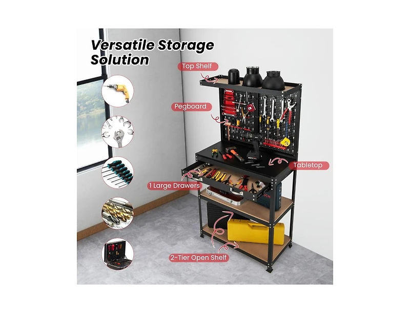 Tool Storage Workbench with Pegboard 14 Hanging Accessories for Garage
