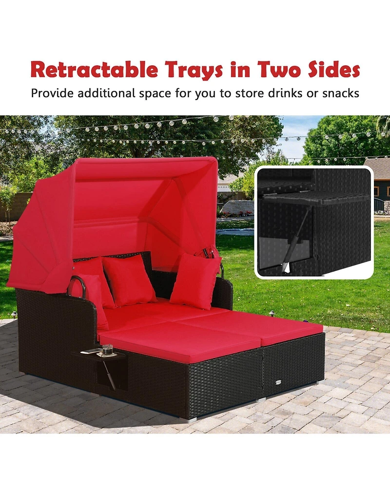 Slickblue Patio Rattan Daybed with Retractable Canopy and Side Tables-Red
