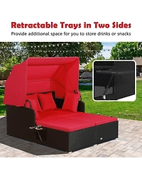 Slickblue Patio Rattan Daybed with Retractable Canopy and Side Tables-Red