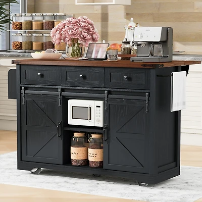 Big Black Wood Grain Farmhouse Kitchen Island with Power Outlet and Sliding Barn Doors