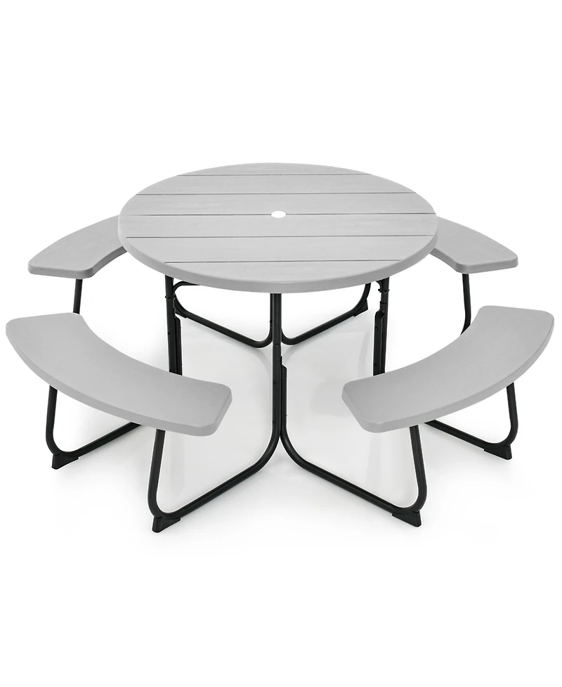 Outdoor 8-person Round Picnic Table Bench Set with 4 Benches & Umbrella Hole