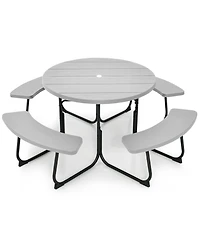 Outdoor 8-person Round Picnic Table Bench Set with 4 Benches & Umbrella Hole