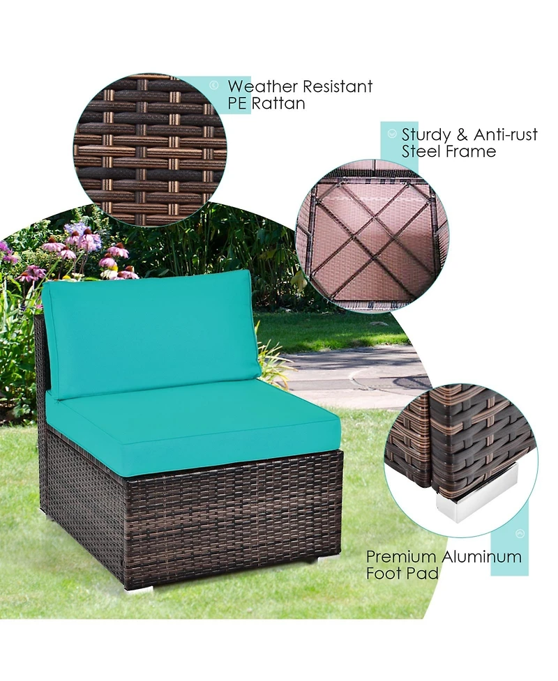 6 Pieces Patio Rattan Furniture Set with Cushions and Glass Coffee Table-Turquoise