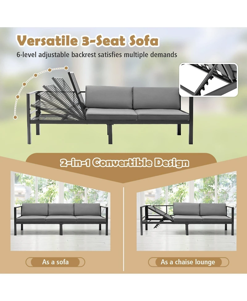 3 Pieces Aluminum Patio Furniture Set with 6-Level Adjustable Backrest-Grey
