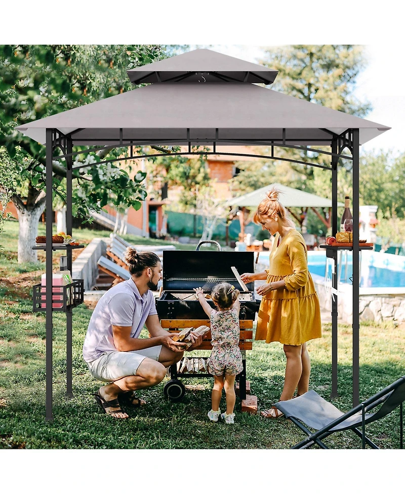 8 x 5 Ft Outdoor Grill Gazebo with 2 Side Shelves and 20 Hooks-Grey
