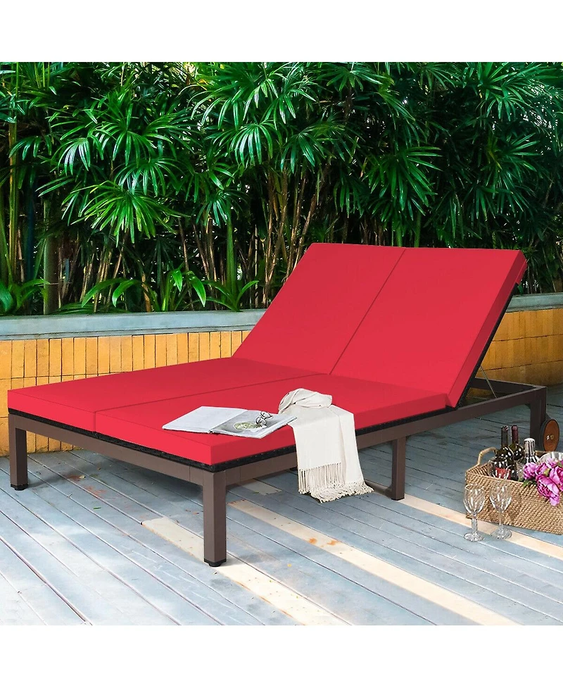 2-Person Patio Rattan Lounge Chair with Adjustable Backrest and Cushions