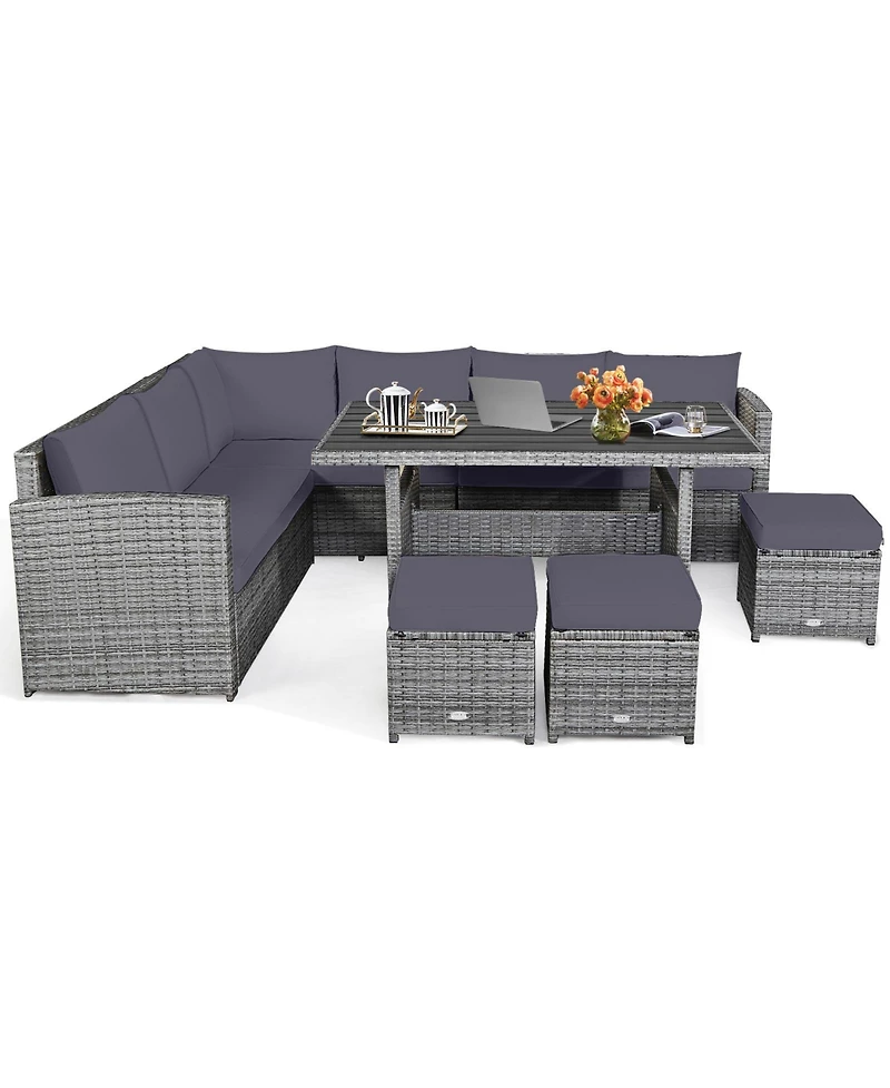 7 Pieces Patio Rattan Dining Furniture Sectional Sofa Set with Wicker Ottoman-Grey