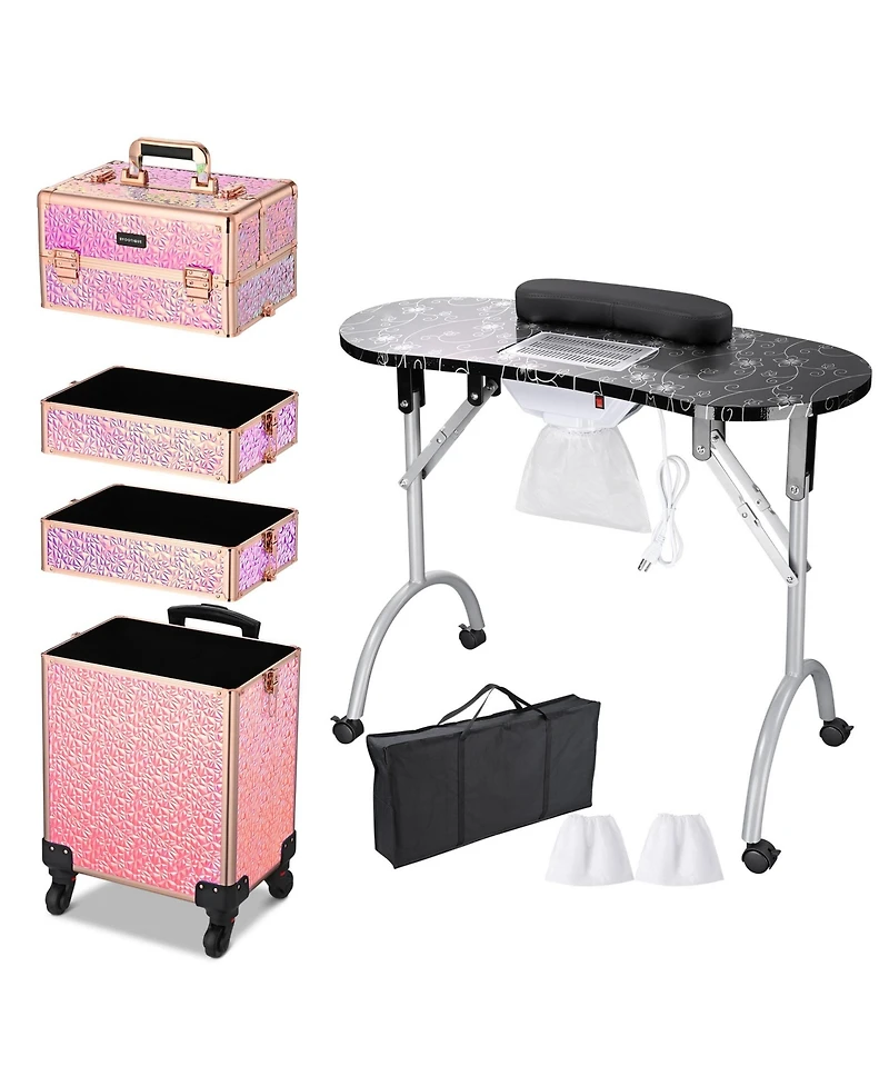 Byootique 4in1 Rolling Makeup Train Case w/ Manicure Table Nail Desk Wheels