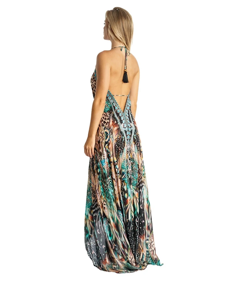 La Moda Clothing Women's Maxi Abstract Print Halterneck Dress