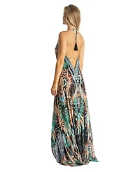 La Moda Clothing Women's Maxi Abstract Print Halterneck Dress