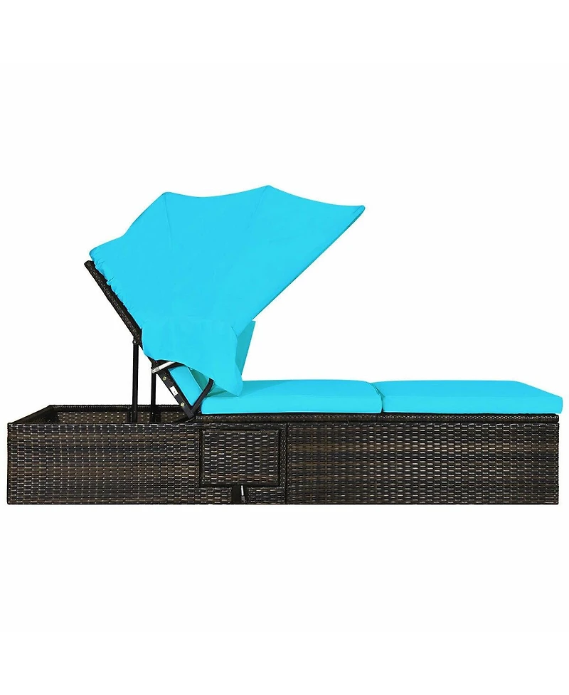 Slickblue Chaise Cushioned Top Canopy Patio Rattan Lounge Chair with Tea Table