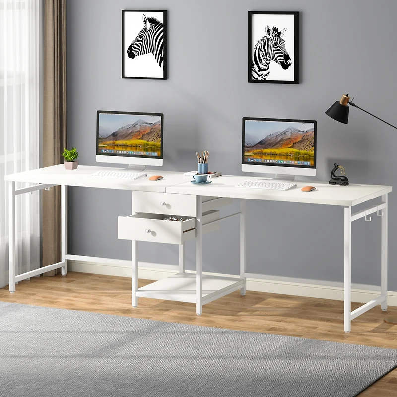 Tribesigns 79 Inch Extra Long Desk, Double Desk with 2 Drawers, Two Person Computer Storage Shelves, Writing Table Study for
