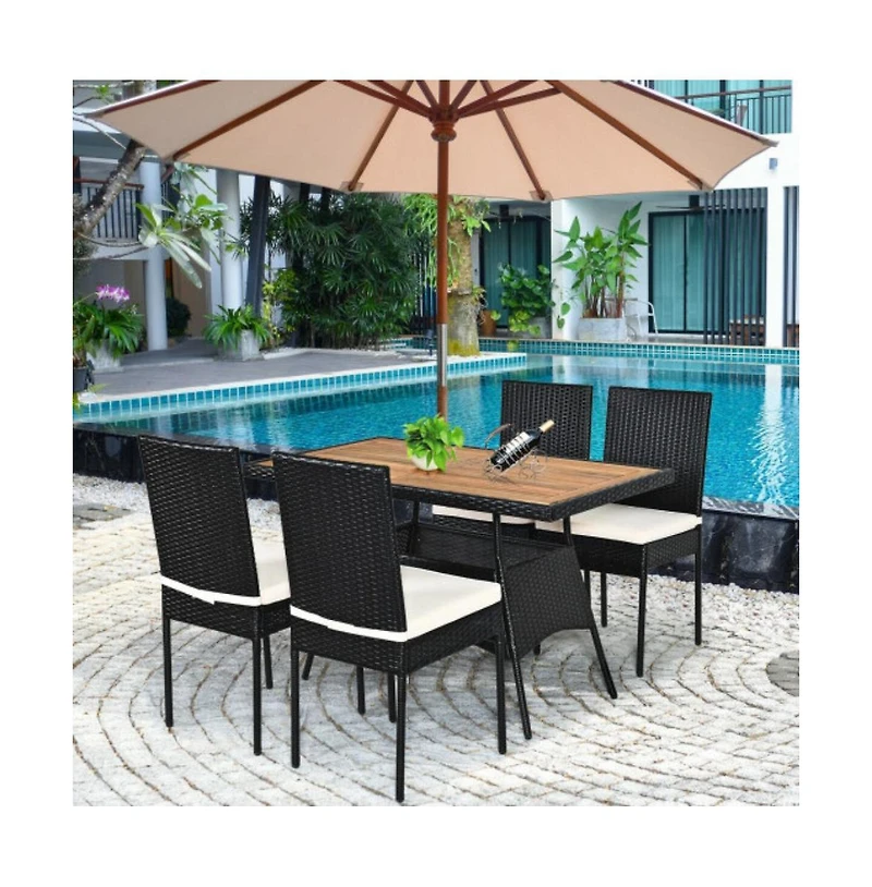 Slickblue 5 Pieces Patio Rattan Dining Set Table with Wooden Top