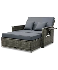 Patio Wicker Loveseat Sofa with Multipurpose Ottoman and Retractable Side Tray