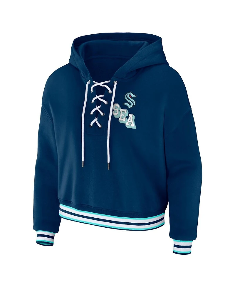 Wear by Erin Andrews Women's Blue Seattle Kraken Lace-Up Pullover Hoodie