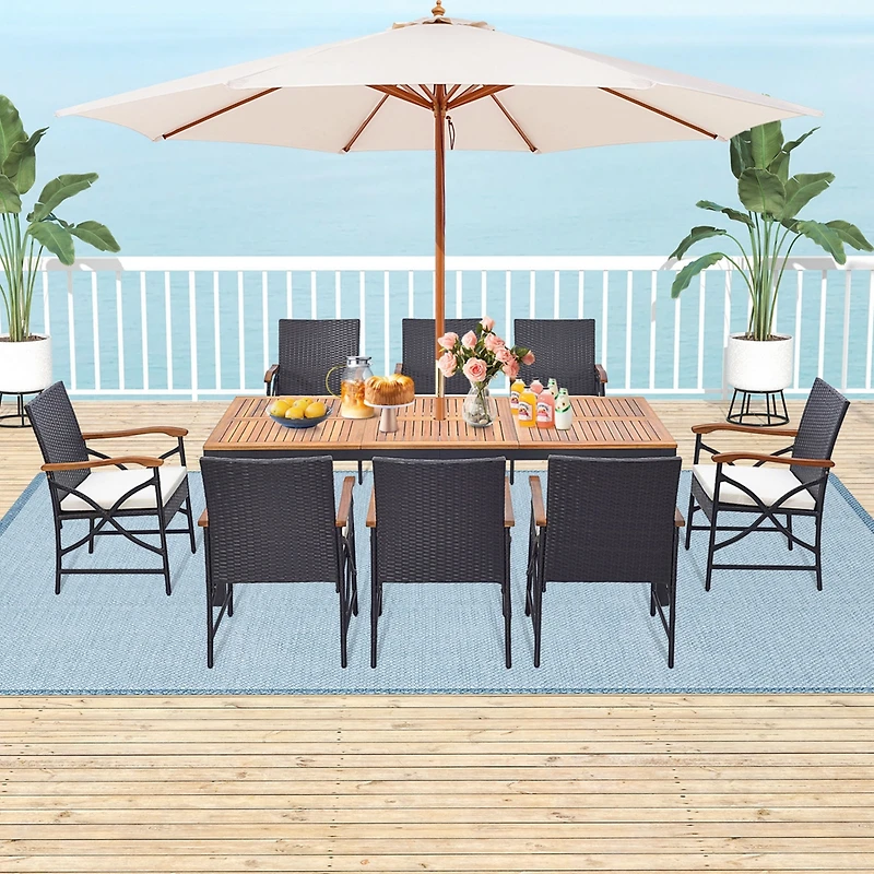 Costway 9 Pcs Patio Rattan Dining Set with Acacia Wood Table, Cushions, 1.9" Umbrella Hole