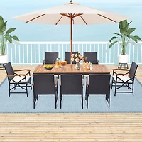 Costway 9 Pcs Patio Rattan Dining Set with Acacia Wood Table, Cushions, 1.9" Umbrella Hole