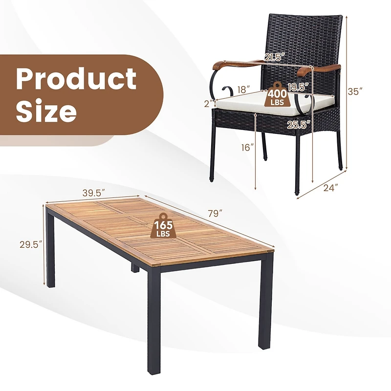 Costway 9 Pcs Patio Rattan Dining Set with Acacia Wood Table, Cushions, 1.9" Umbrella Hole