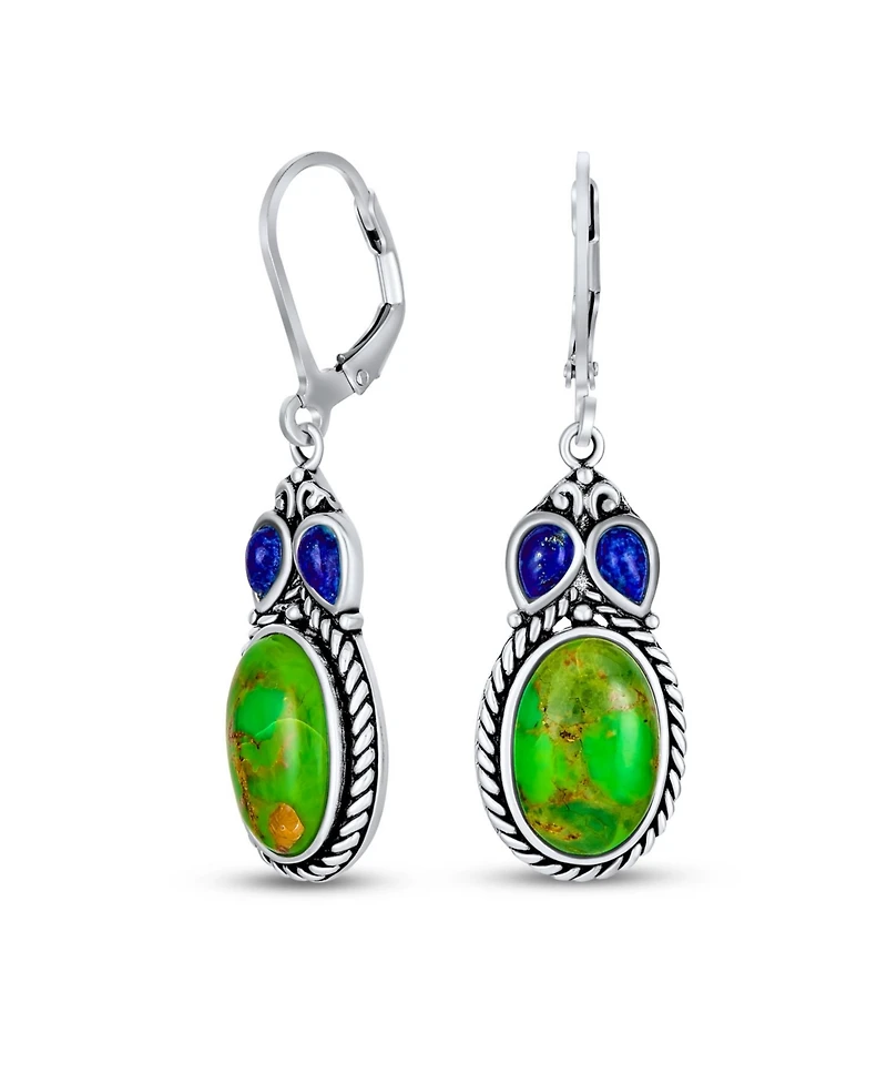 Bling Jewelry South Western Style Multi Stones Green Natural Stabilized Turquoise Oval Lever back Dangle Earrings Sterling Silver