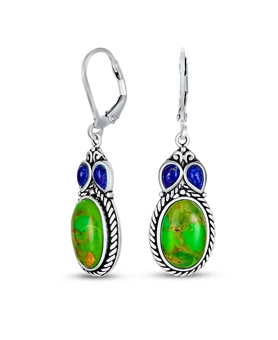 Bling Jewelry South Western Style Multi Stones Green Natural Stabilized Turquoise Oval Lever back Dangle Earrings Sterling Silver