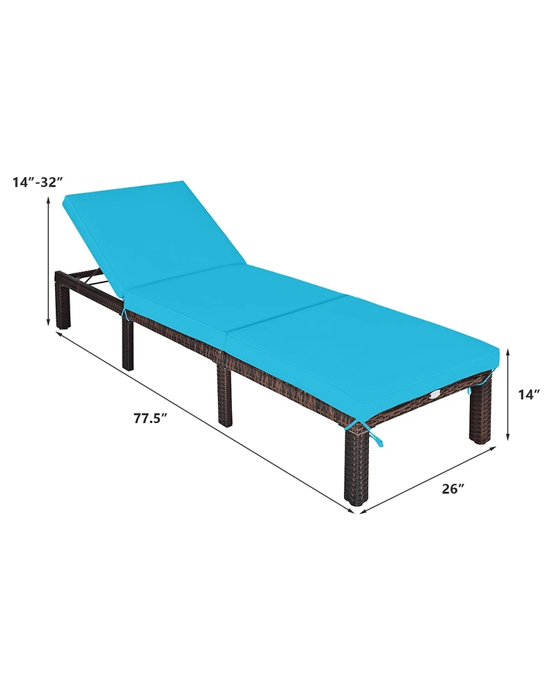 Gymax 2PCS Adjustable Patio Rattan Chaise Lounge Chair Recliner Outdoor w/ Turquoise Cushion