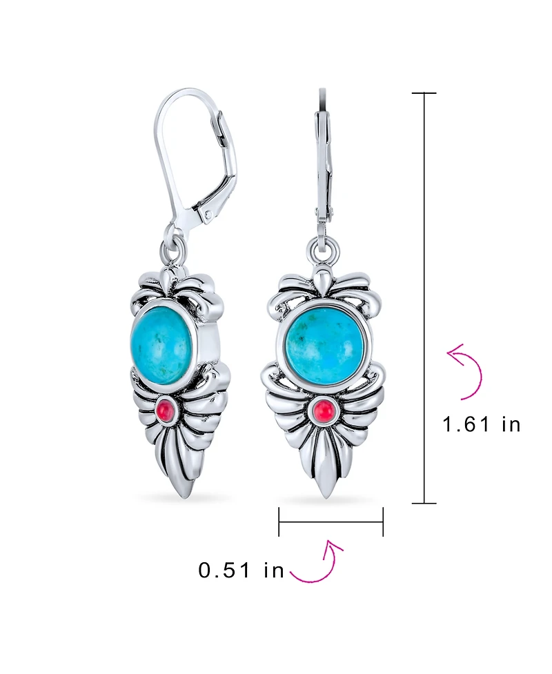 Bling Jewelry Southwest Native American Squash Blossom Style Multicolor Blue Natural Turquoise Red Carnelian Feather Lever Back Dangle Earrings Sterli
