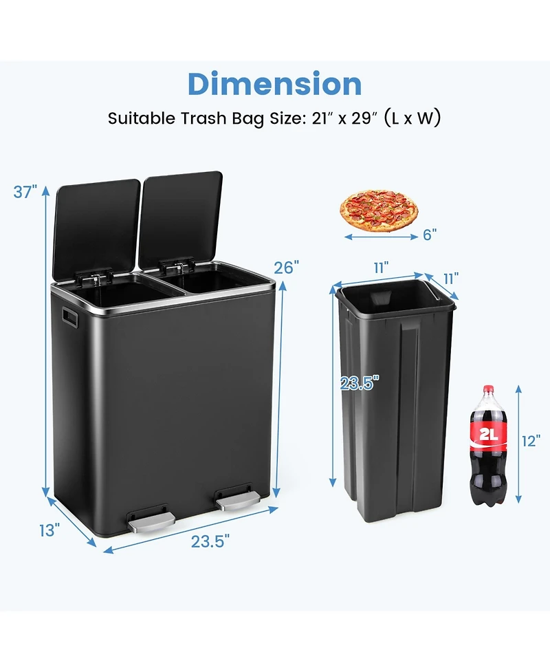 Slickblue 16 Gallon Dual Step Trash Can Recycling Double Bucket Pedal