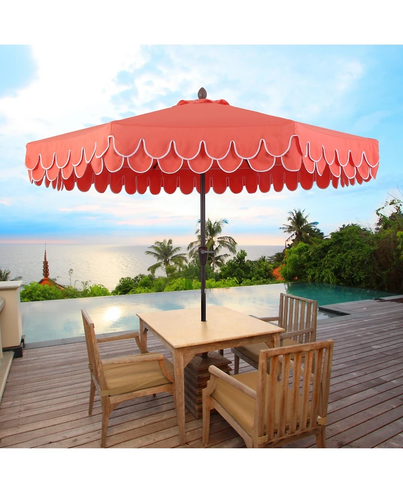 Jonathan Y Tracy 9 ft. Classic MidCentury Scalloped Fringe Market Patio Umbrella with Auto-Tilt Crank, Wind Vent and Uv Protection in Coral