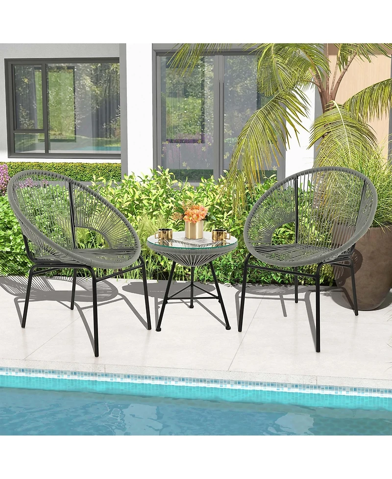 3PCS Patio Acapulco Furniture Bistro Set Plastic Rope Glass Table
