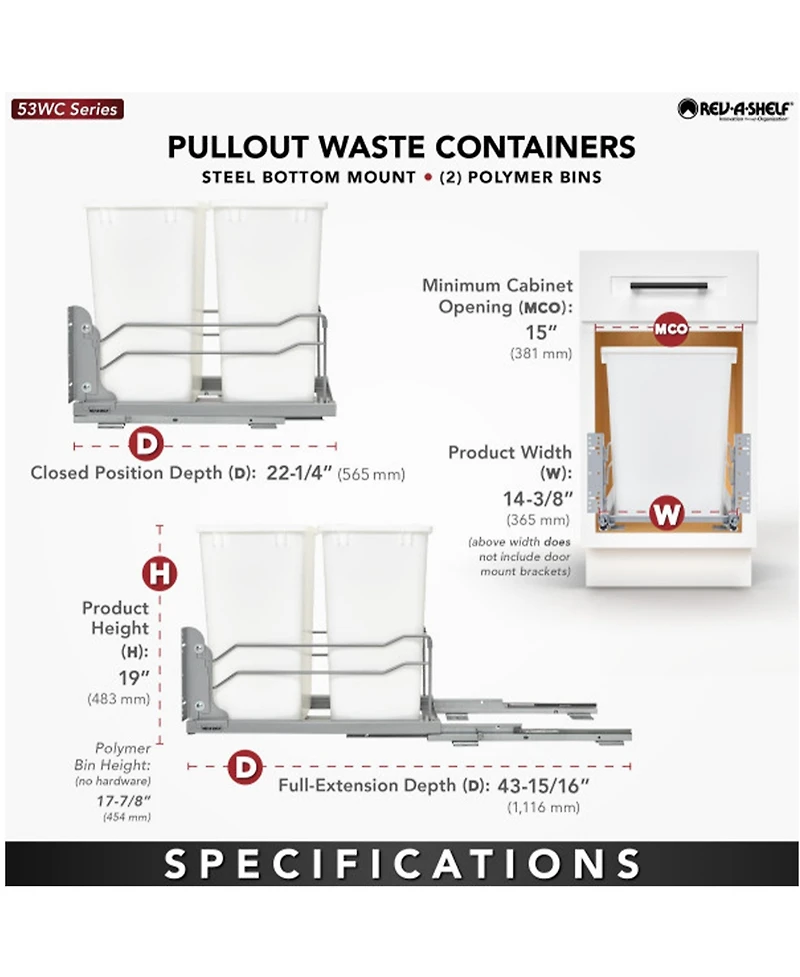 Rev-a-Shelf Double Pull Out Trash Can 35 Qt with Soft-Close, 53WC-1835SCDM-211