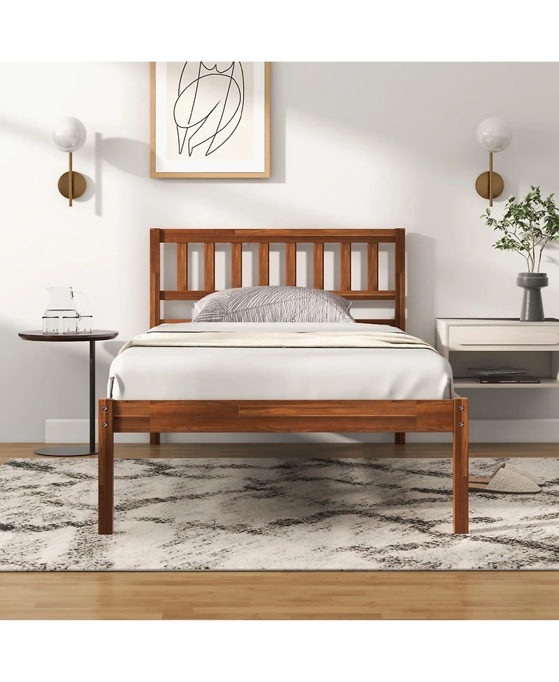 Sugift Twin Size Wood Bed Frame with Headboard and Slat Support