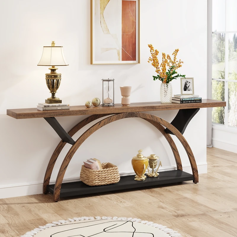 Tribesigns 70.87" Console Table with Storage Shelf, Narrow Long Sofa Table Behind Couch Table, 2-Tier Rustic Entryway Table with Half Moon Frame for H