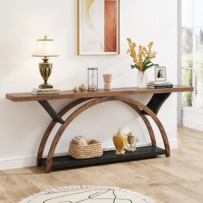 Tribesigns 70.87" Console Table with Storage Shelf, Narrow Long Sofa Table Behind Couch Table, 2-Tier Rustic Entryway Table with Half Moon Frame for H