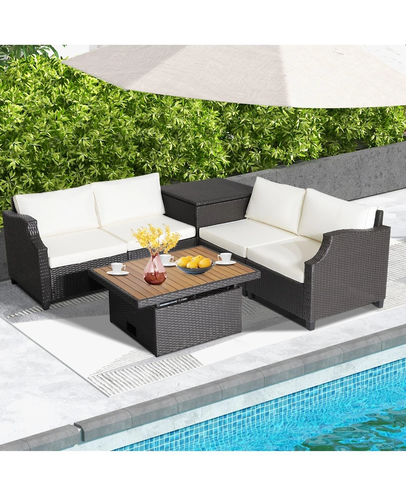 Slickblue 7 Pieces Hand-Woven Wicker Outdoor Furniture Set with Acacia Wood Coffee Table-White