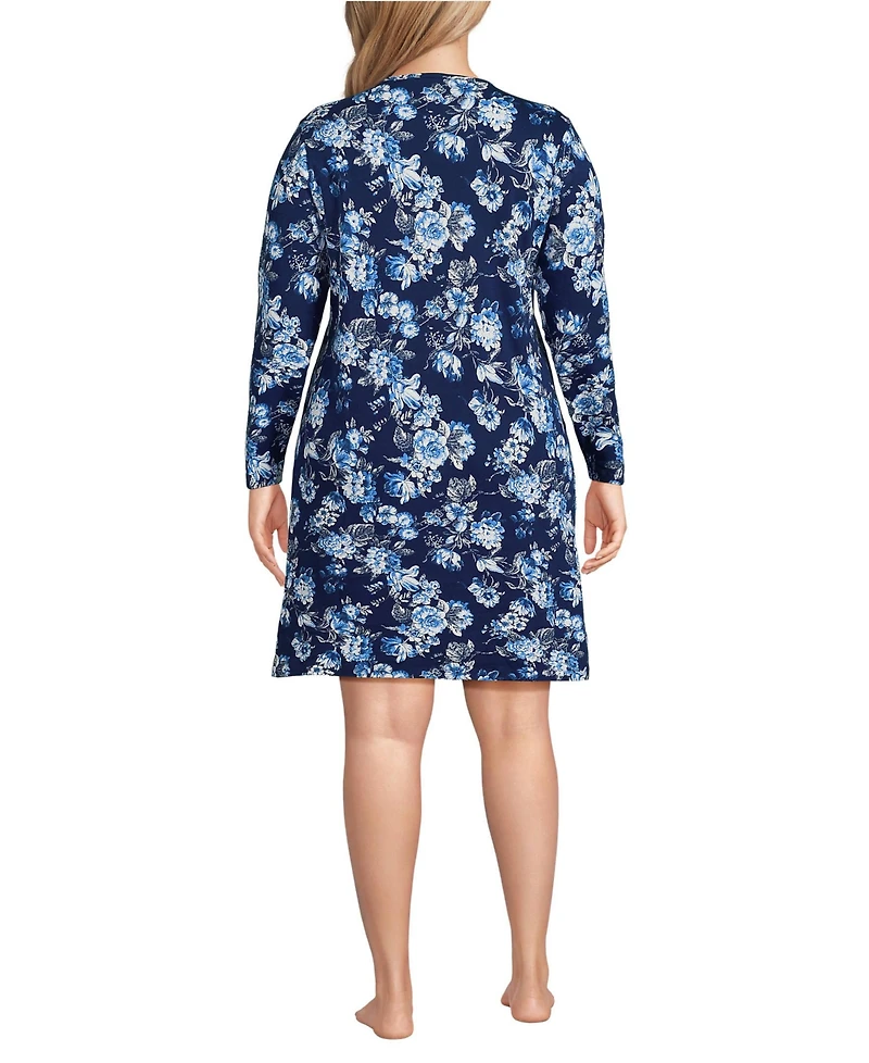 Lands' End Plus Cotton Interlock Long Sleeve Above the Knee Nightgown