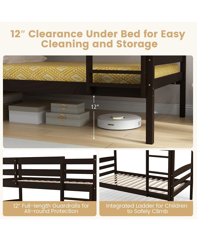 Sugift Solid Wood Twin Over Bunk Bed Frame with High Guardrails and Integrated Ladder