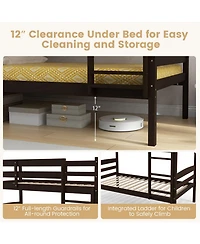 Sugift Solid Wood Twin Over Bunk Bed Frame with High Guardrails and Integrated Ladder