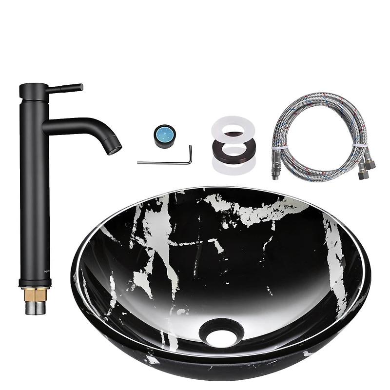 Aquaterior Bathroom Round Tempered Glass Vessel Sink w/ Orb Faucet Mounting Ring