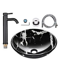 Aquaterior Bathroom Round Tempered Glass Vessel Sink w/ Orb Faucet Mounting Ring
