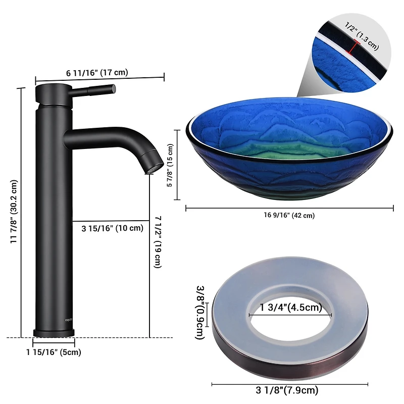 Aquaterior Tempered Glass Vessel Sink w/ Orb Single Handle Faucet Mounting Ring