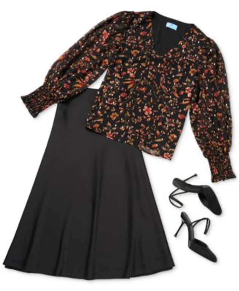 Cece Womens Floral Print Blouse Satin Midi Skirt