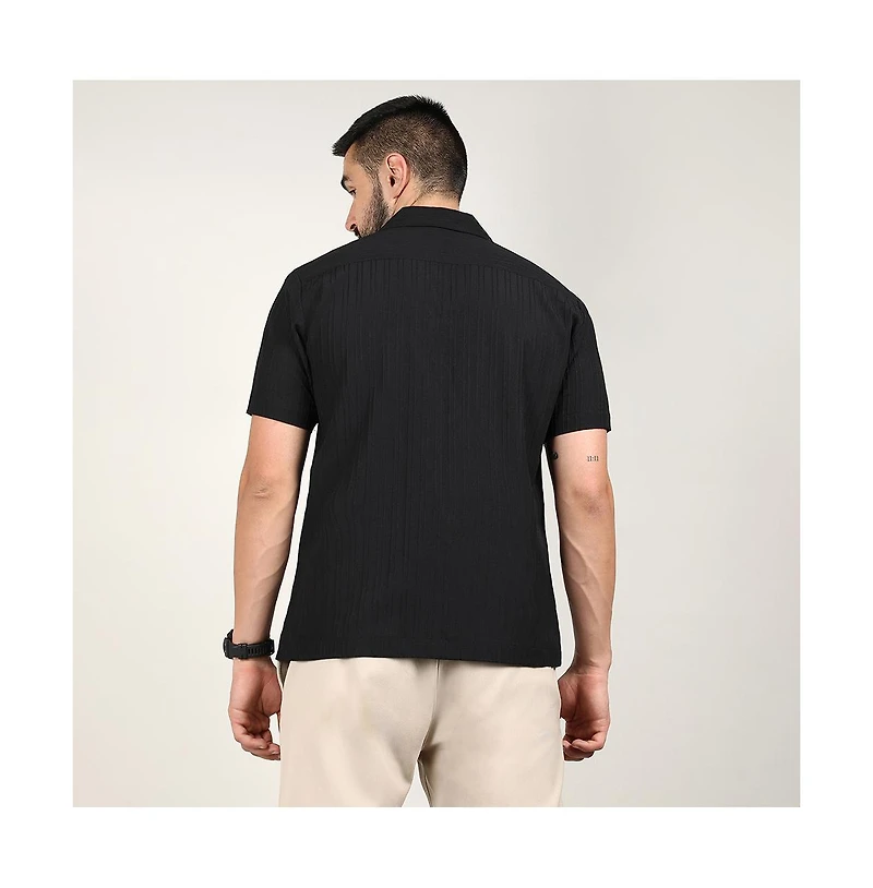 Men's Charcoal Black Self-Design Striped Shirt