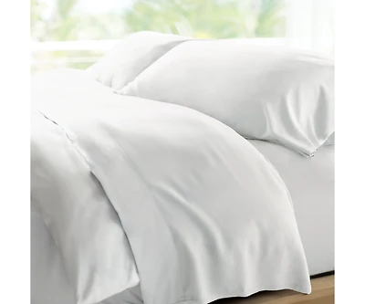Cariloha Retreat 4-Piece Sateen Sheet Set | White | Queen | Lyocell Material | Breathable, Corner Straps, Extra soft & Cooling