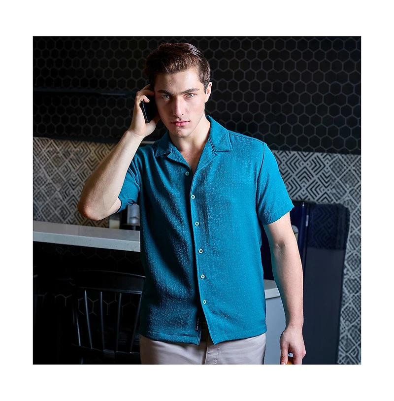 Men's Teal Green Self-Design Creased Striped Shirt