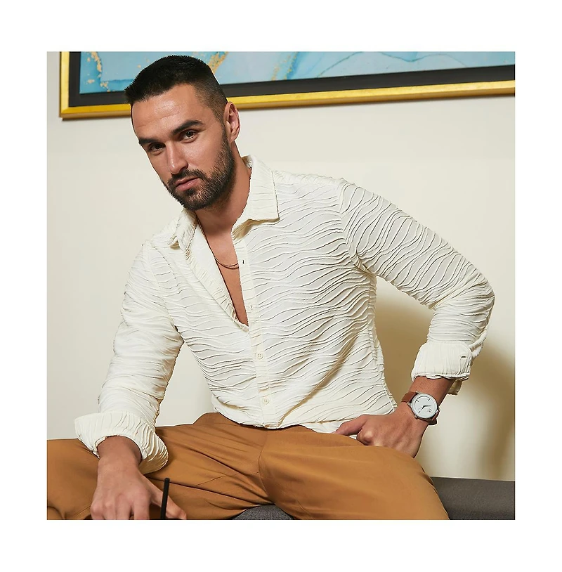 Men's Ivory White Self-Design Wave Shirt