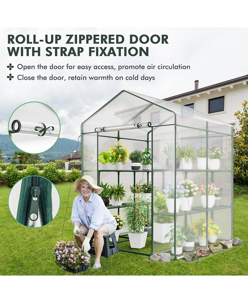 Vebreda Walk-in Greenhouse with 3 Tiers 8 Shelves Pvc Cover Roll-up Zippered Door