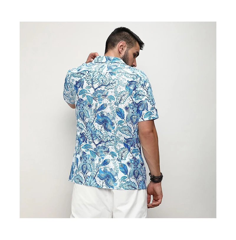 Campus Sutra Men's Chalk White:Indigo Blue Mesh Foliage Shirt