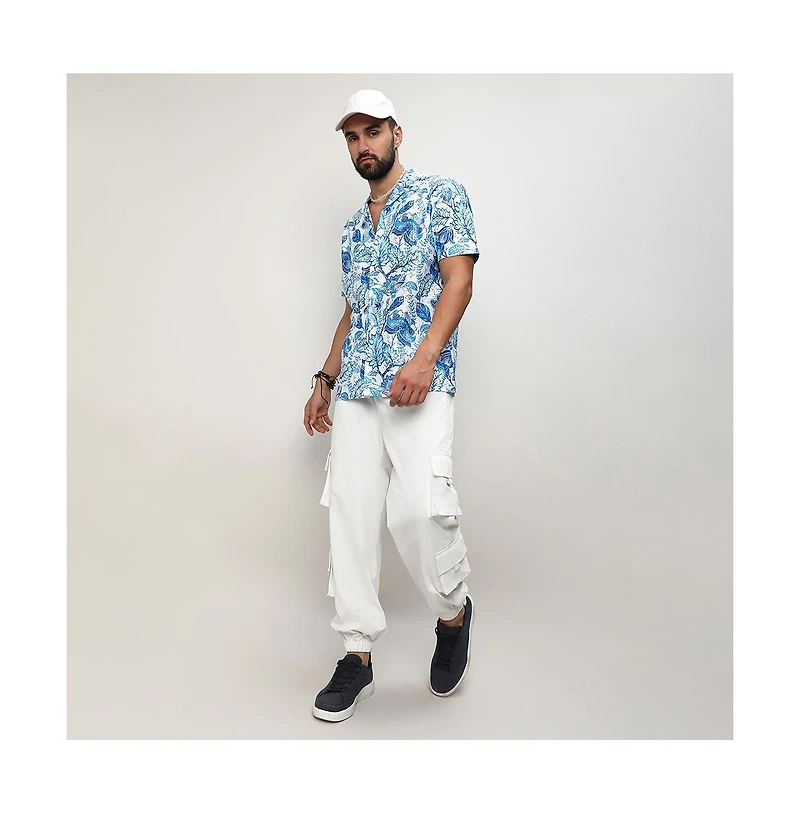 Campus Sutra Men's Chalk White:Indigo Blue Mesh Foliage Shirt